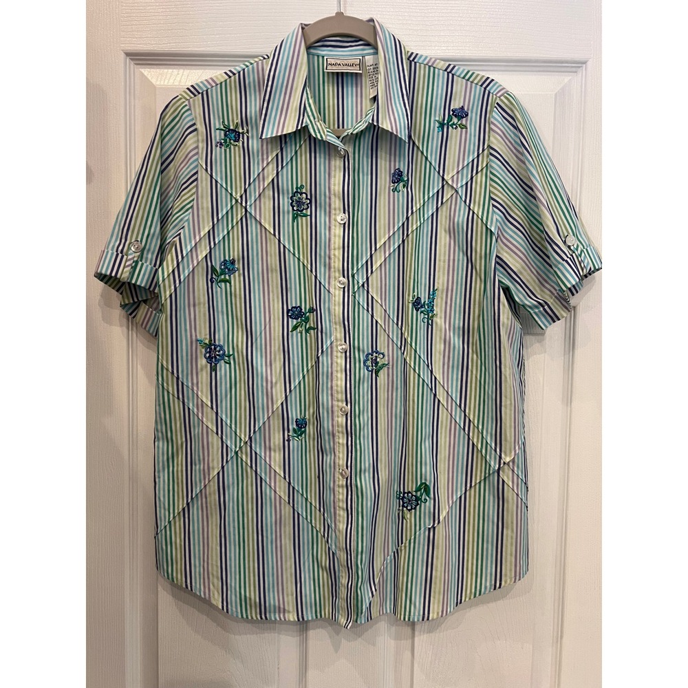 Napa Valley Button Up Shirt Cotton Blend Striped Floral Pin-tuck Cottagecore
